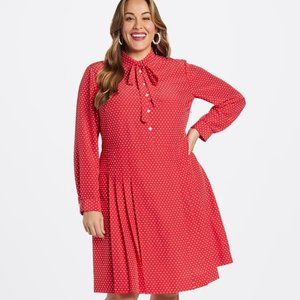 Draper James Tie Neck Shirt Dress Red Polka Dot Pleated Long Sleeve Plus 18